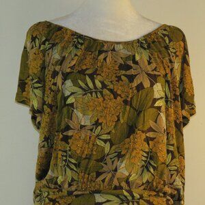 H&M Green & Brown Floral Leaf Print Short-Sleeve Pullover Top Size S (C1350)